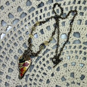 Artistic vintage tin Heart Pendant & glass beaded Necklace